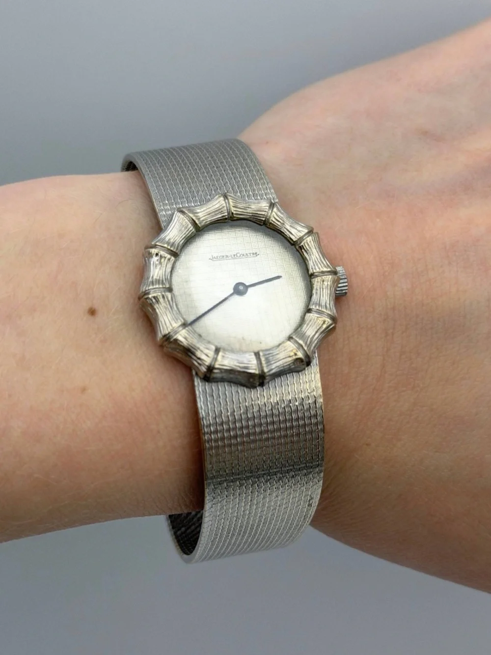 Vintage Jaeger Lecoultre 14081 22 18k Solid White Gold Silver Dial Bamboo Watch